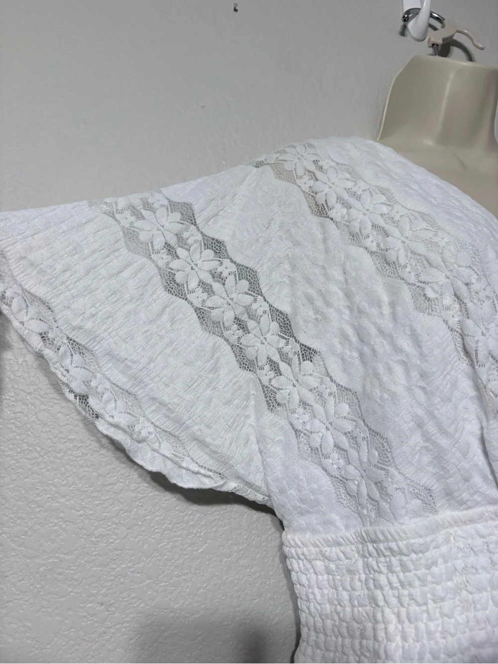 Rabbit White Lace Ethereal Boho Dress Handkerchief Hem Dolman Flutter Sleeves